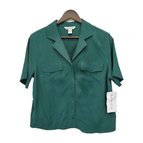 New Athleta Lightweight Echo Top Collared Button Down Shirt Emerald Green Small - Picture 1 of 4